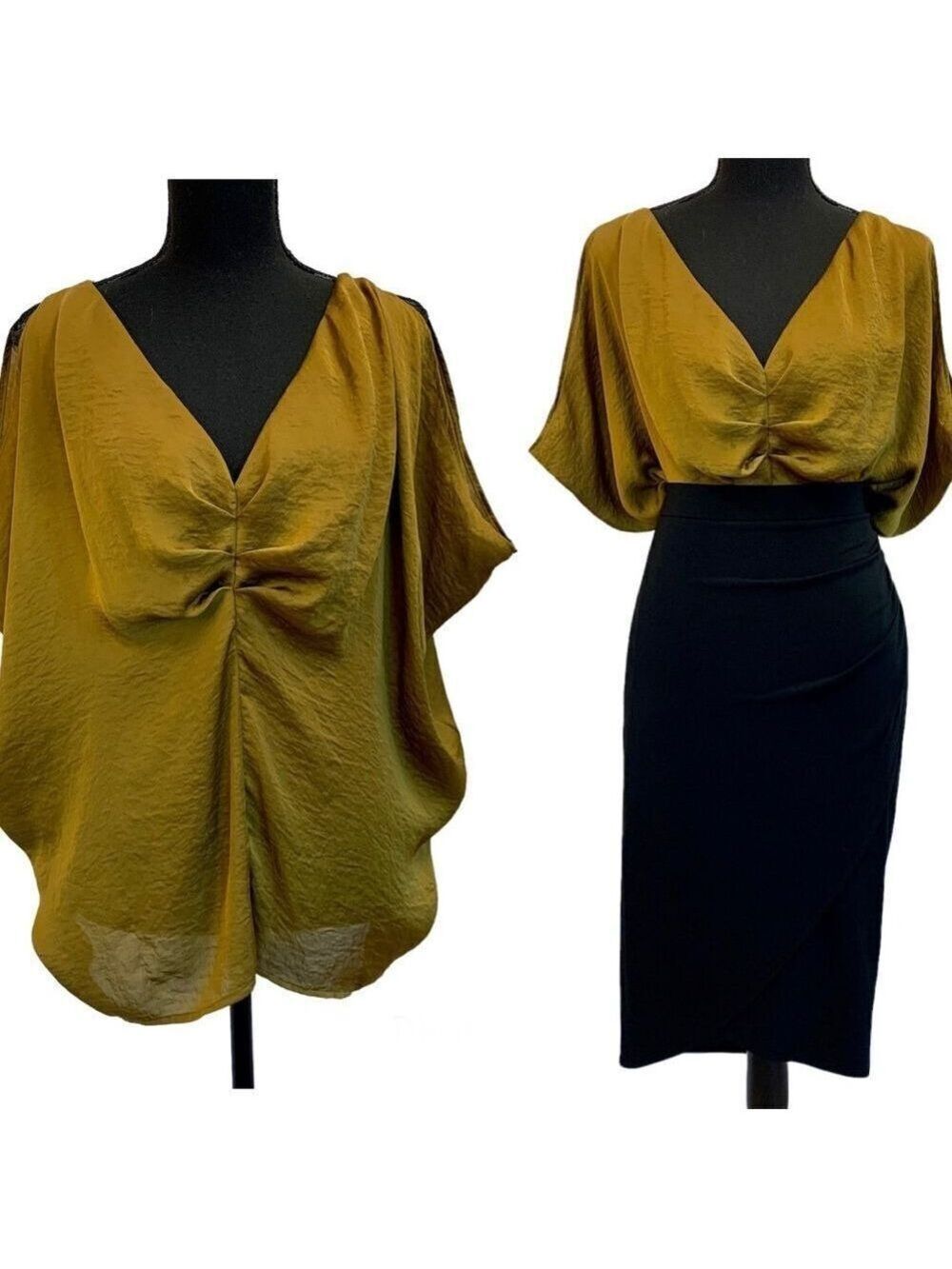 OXMO mustard khaki green V neck web sleeve blouse Sz M